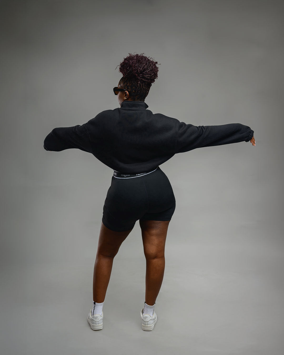 Black Moda Cropped Jacket (Velvet Fabric) + Black Banded Bike Short Set