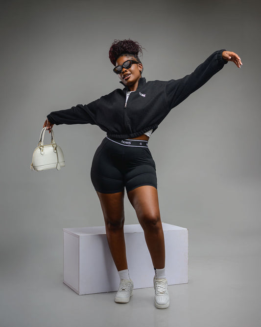 Black Moda Cropped Jacket (Velvet Fabric) + Black Banded Bike Short Set