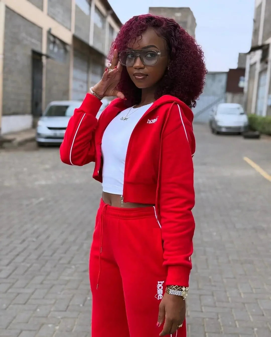 Cherie Cropped Zipped Hoodie + Cherie Pants Matching Set - Red (Heavy Velvet Fabric)