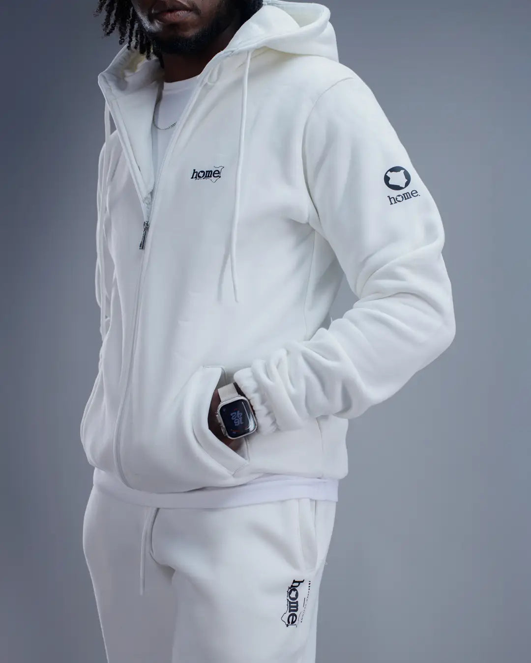 Moda Zip-up Hoodie (Full Length) - White (Heavy Velvet Fabric)