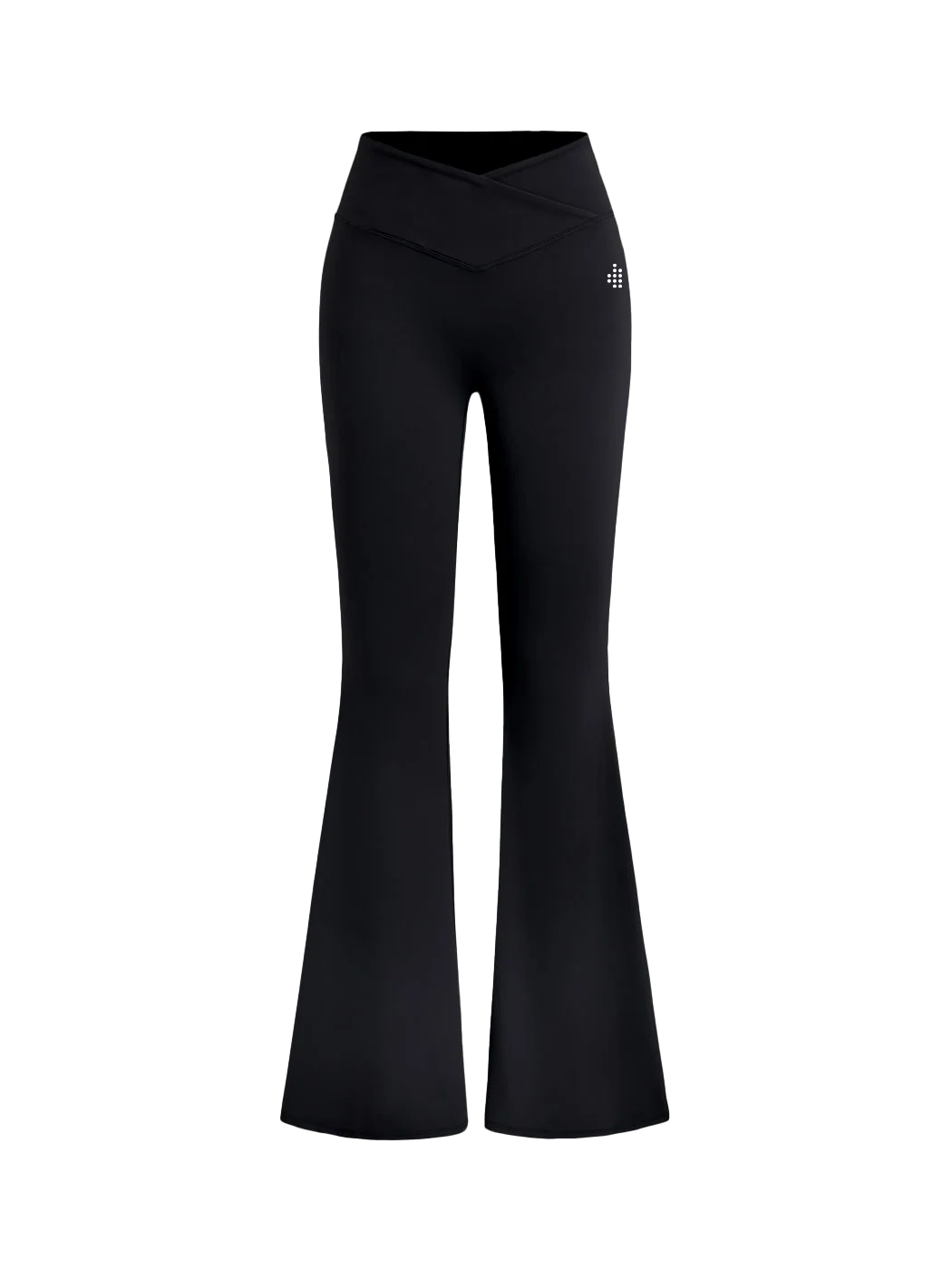 home_254 CROSS-WAIST FLARED LEGGINGS – BLACK WITH A SILVER PRINT
