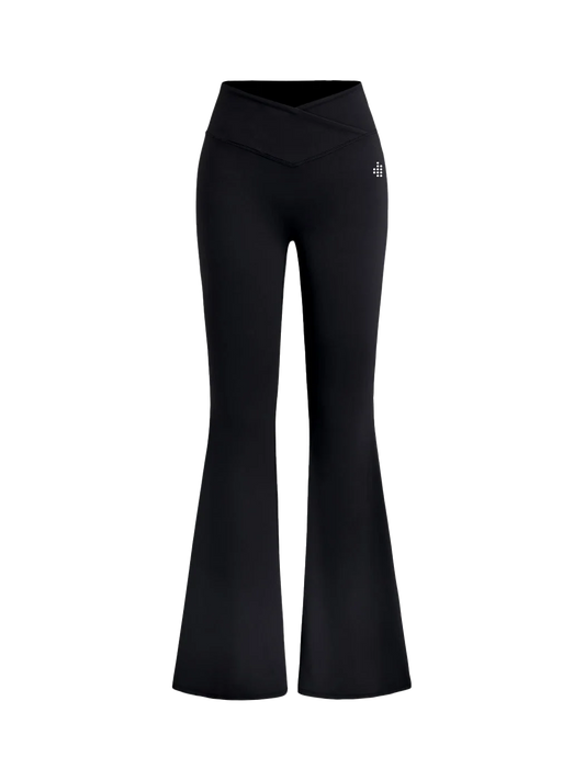home_254 CROSS-WAIST FLARED LEGGINGS – BLACK WITH A SILVER PRINT