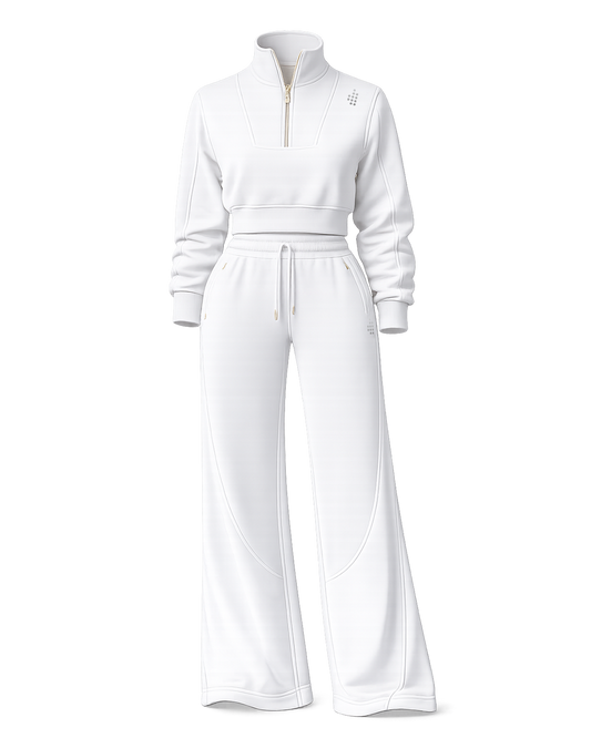 LÛME White Cropped Quarter Zip & Cosy Pant Set (Heavy Velvet Fabric)