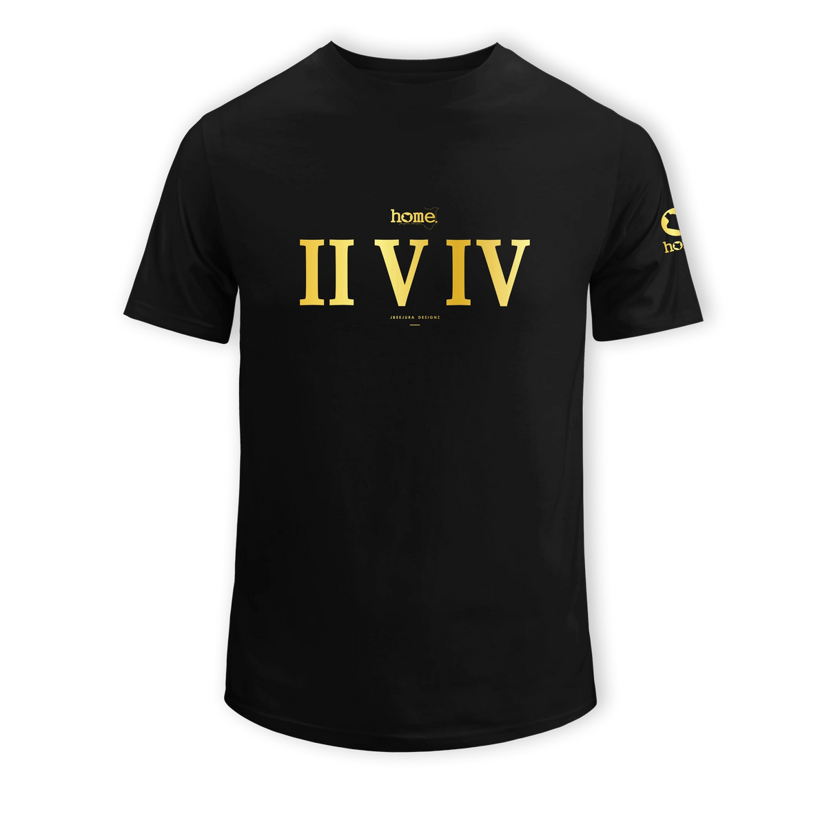 home_254 SHORT-SLEEVED BLACK T-SHIRT WITH A GOLD ROMAN NUMERALS PRINT – COTTON PLUS FABRIC