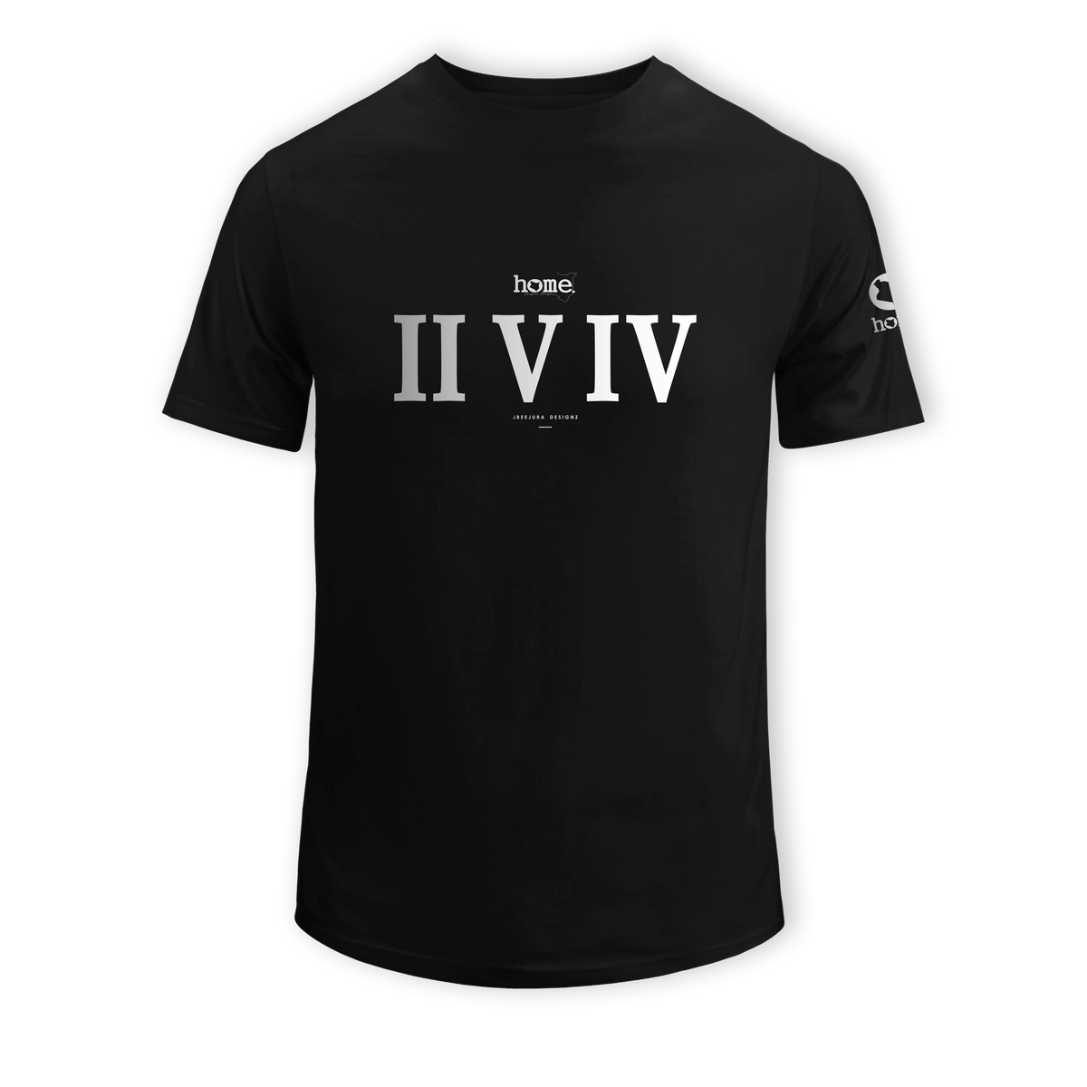 home_254 SHORT-SLEEVED BLACK T-SHIRT WITH A SILVER ROMAN NUMERALS PRINT – COTTON PLUS FABRIC