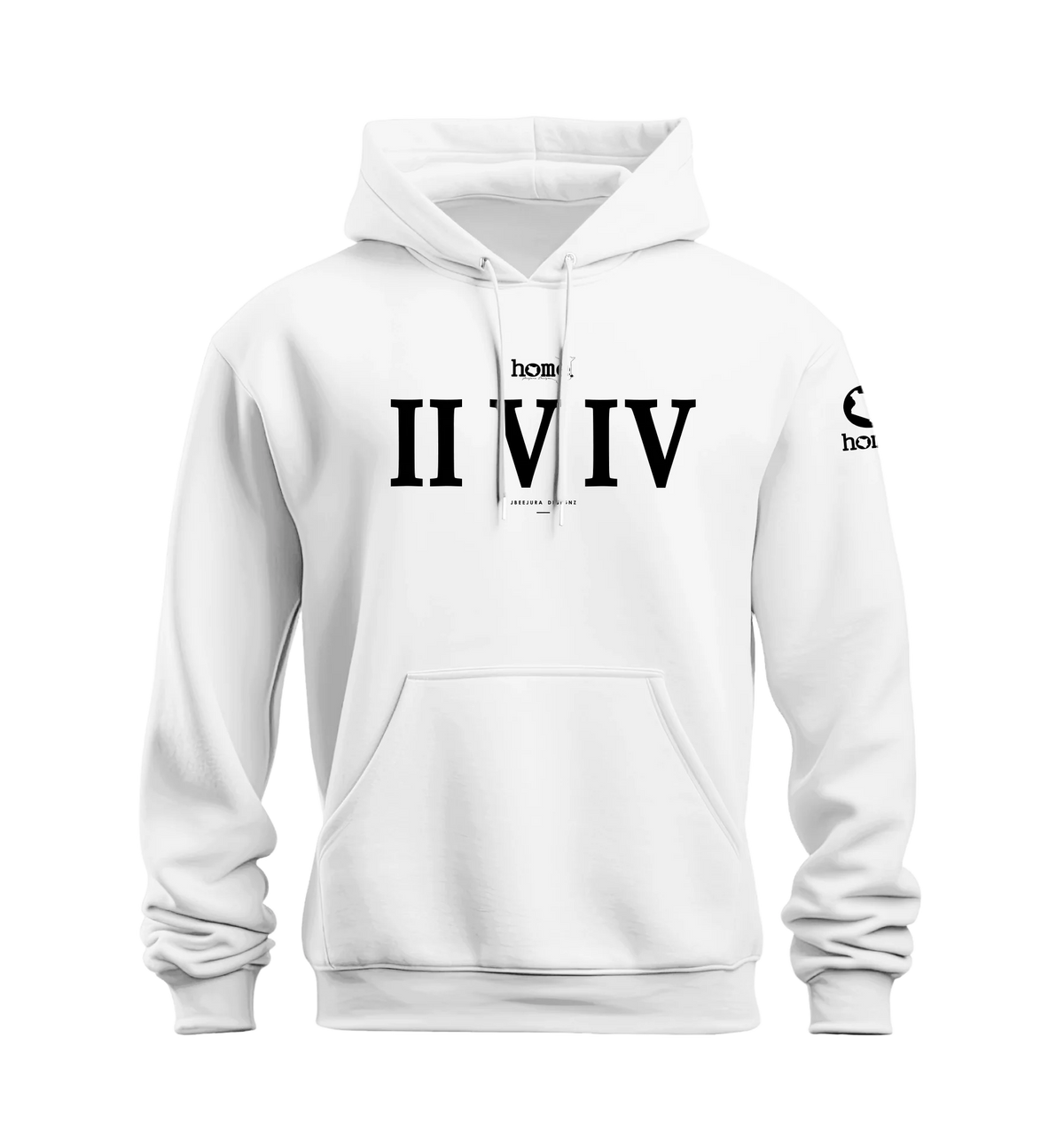 home_254 NUVETRA™ WHITE HOODIE WITH A BLACK ROMAN NUMERALS PRINT 