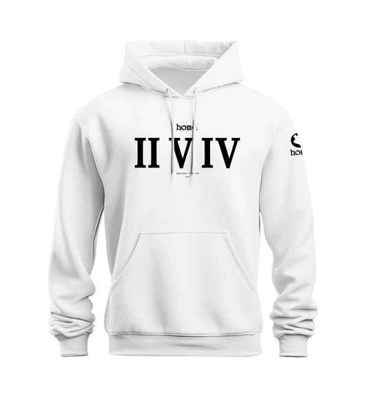 home_254 NUVETRA™ WHITE HOODIE WITH A BLACK ROMAN NUMERALS PRINT 