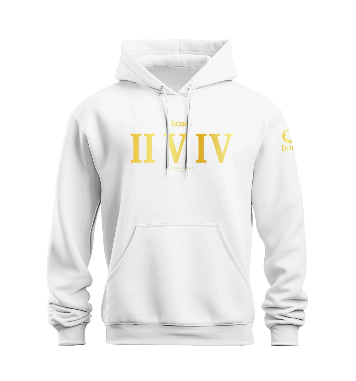 home_254 NUVETRA™ WHITE HOODIE WITH A GOLD ROMAN NUMERALS PRINT 