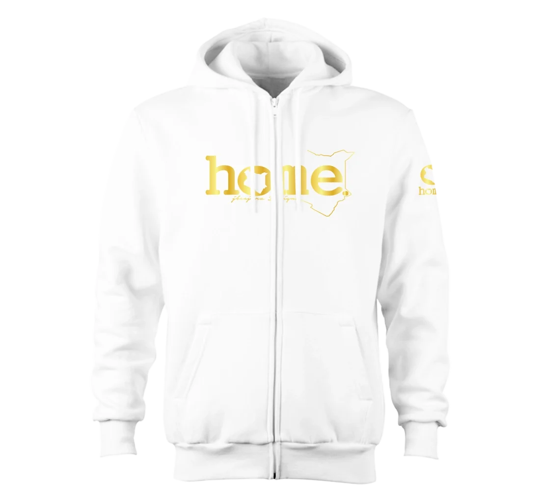 home_254 NUVETRA™ WHITE ZIP UP HOODIE WITH A GOLD CLASSIC WORDS PRINT